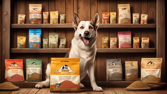 Create an image of a cheerful dog standing next to a rustic wooden shelf filled with various premium dry dog food bags, each labeled with different flavors and nutritional benefits. The background sho