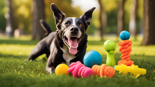 Create an image of a joyful dog surrounded by an array of rugged, durable dog toys specifically designed for heavy chewers. The scene includes a toy variety such as tough rubber bones, indestructible 