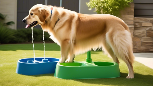 Create an image showcasing a variety of large dog waterers designed for hydration needs, featuring different styles such as automatic water dispensers, elevated bowls, and outdoor water fountains. The