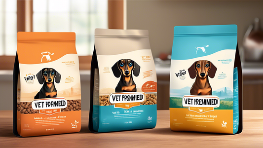Create an image of a happy Dachshund sitting beside three different bags of premium dog food. Each bag should have a distinct design indicating top-quality ingredients and one bag with a label that re