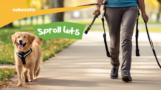 Create an image depicting a happy dog wearing a Sporn No-Pull Harness while walking calmly next to its owner in a park. The harness should be clearly visible with labels highlighting its unique featur