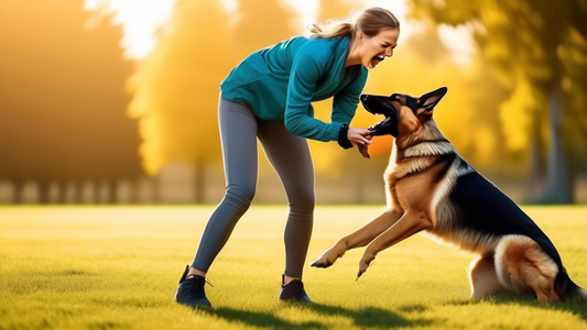 A professional dog trainer demonstrating bite training techniques with an energetic German Shepherd, using a bite sleeve and positive reinforcement in a spacious outdoor training field on a sunny day.