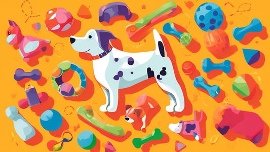 Create an image of a playful dog surrounded by various dog toys that are both durable and slightly tearable. Show toys of different shapes and colors, including a ball, a bone, and a plush animal, all