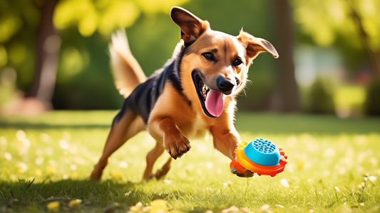 Create an image of a happy dog playing with a brightly colored, ultra-durable toy designed for tough chewers. The toy should have unique shapes and textures, indicating its strength and durability. Su