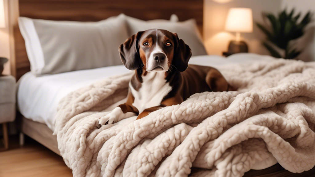 Create a cozy bedroom scene featuring a beautifully decorated bed with a luxurious, dog-friendly blanket. The blanket should be soft and plush, with a playful yet elegant design, suitable for both hum