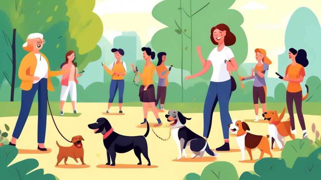 Create an image of a cheerful dog trainer leading a group of enthusiastic beginners on a dog walking course in a beautiful park. The trainer is demonstrating proper leash techniques, while participant