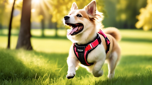 Generate an image of a happy, medium-sized dog wearing a vibrant, well-fitted Truelove dog harness while walking in a beautiful park. The harness is designed with bright, contrasting colors and reflec