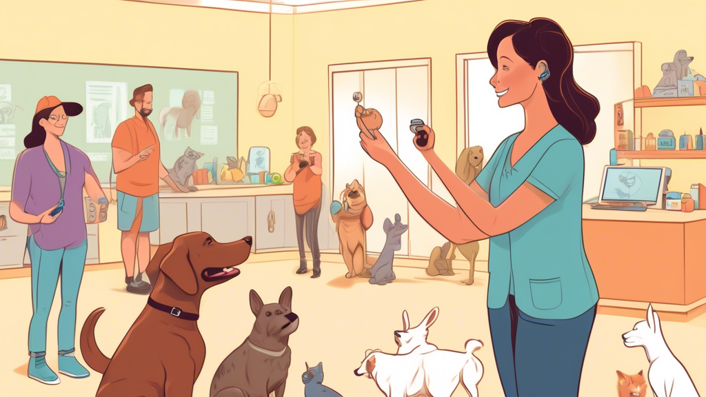 Create a detailed illustration of Karen Pryor, an expert animal trainer, conducting a clicker training session. She is holding a clicker and a treat pouch while calmly engaging with a happy, attentive
