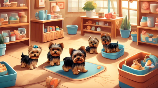 Create a detailed illustration of a cozy pet store with a warm, inviting atmosphere. The store should have a colorful and tidy interior, showcasing various pet supplies and accessories. In the foregro