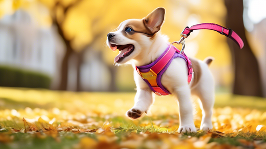 Create an image of a joyful puppy exploring a park while wearing a colorful, well-fitted harness and leash set. The harness should be adjustable and comfortable, with a design that is both stylish and