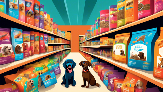 Create an image of a colorful pet store aisle showcasing a variety of top dry dog food options, each with vibrant packaging. The scene should appear welcoming, with clear branding from PetSmart and sh
