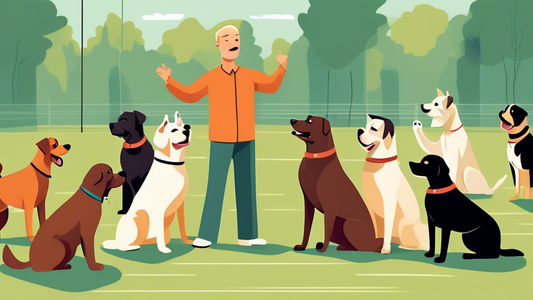 Create an image of a confident dog trainer in an outdoor training facility, working with a group of well-behaved dogs of various breeds. The trainer uses hand signals and positive reinforcement techni