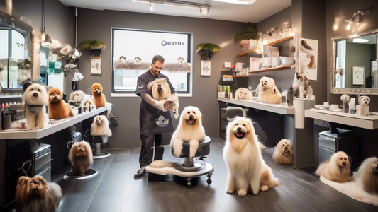 An inviting scene where happy dogs are being carefully groomed by professional groomers in a well-equipped, brightly-lit grooming studio, with shelves full of grooming tools and certificates hanging o