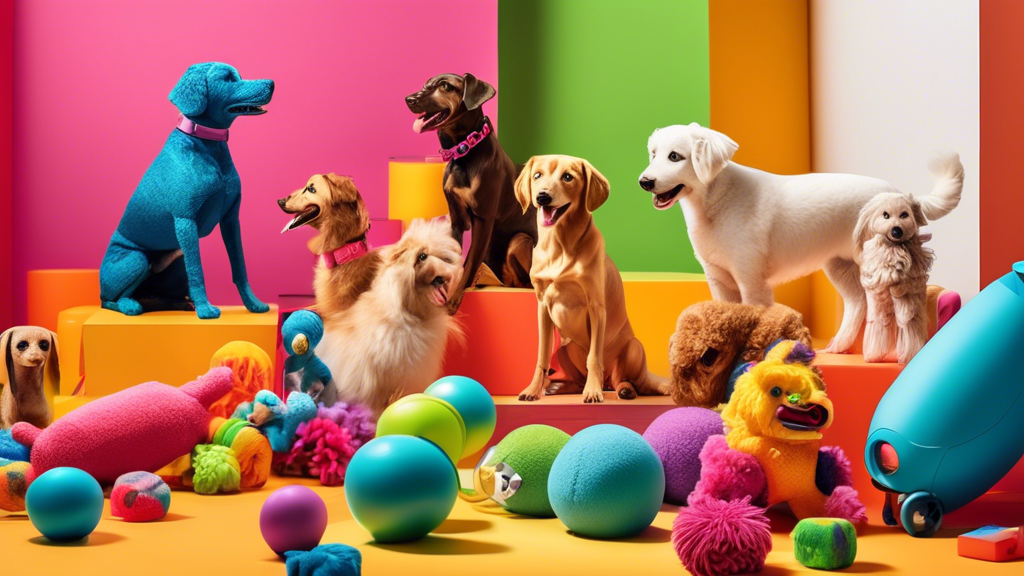 Create an image depicting a colorful and vibrant showroom filled with a variety of innovative and engaging dog toys from the top toy companies of 2023. The scene includes cheerful dogs playing with hi
