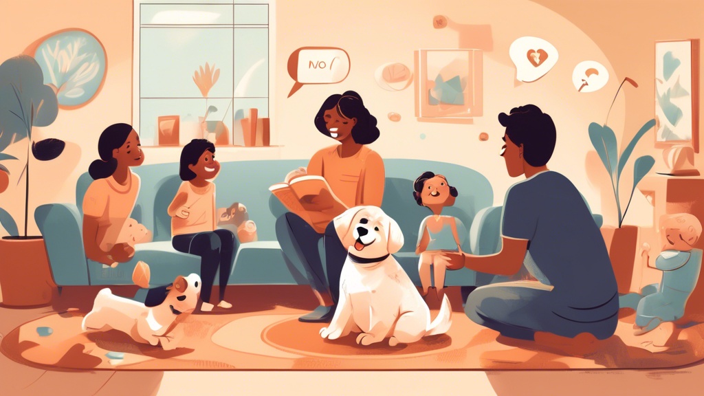 Illustration of a cheerful puppy sitting attentively in a cozy living room with a family. The scene includes training tools such as treats, a clicker, and training books. The family members are gently