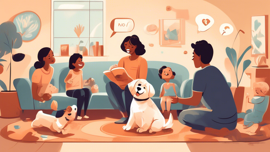 Illustration of a cheerful puppy sitting attentively in a cozy living room with a family. The scene includes training tools such as treats, a clicker, and training books. The family members are gently