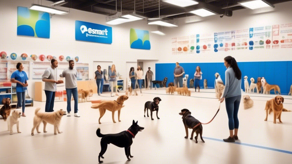 Create an image of a well-lit PetSmart training area where a professional dog trainer is conducting an obedience class. The scene includes a diverse group of dogs and their owners actively participati