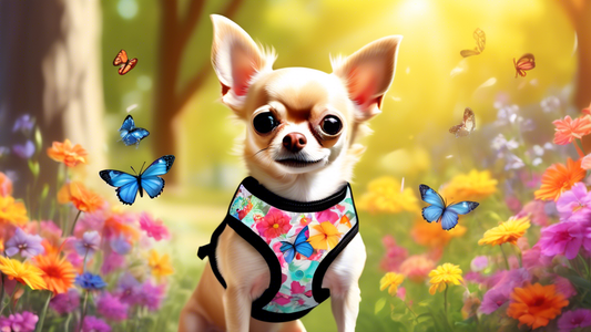 An adorable Chihuahua modeling a colorful and stylish small dog harness vest in a sunlit park, surrounded by flowers and butterflies, demonstrating ease and comfort.