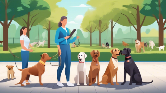 Create an image of a professional dog trainer in a picturesque park, demonstrating obedience techniques with a variety of dog breeds. The trainer is confidently guiding the dogs through commands like 
