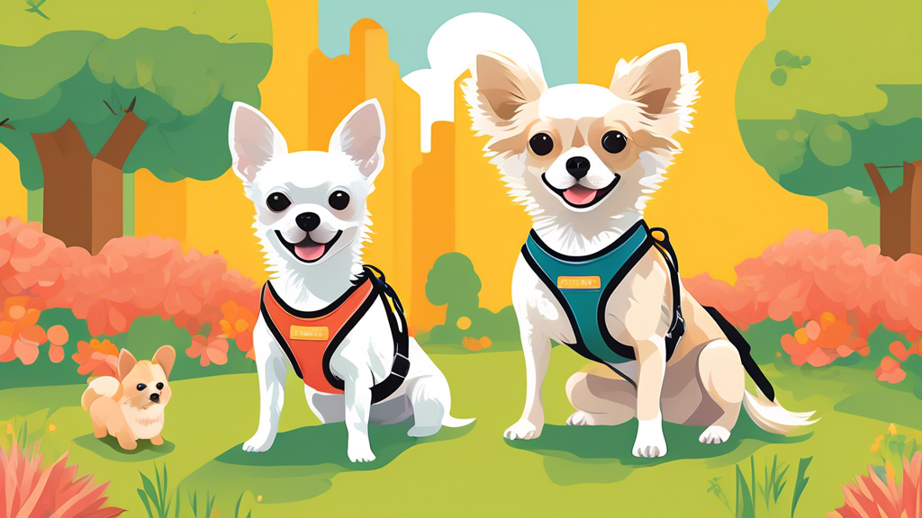 Create an image showcasing a variety of extra small dog harnesses in different styles and colors. Include a few adorable extra small dogs, such as Chihuahuas and Pomeranians, wearing these harnesses w