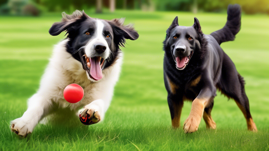 A high-resolution image showcasing a happy, large breed dog energetically playing with a durable Kong Extreme Toy in a spacious backyard. The toy is rugged and clearly designed to withstand tough chew