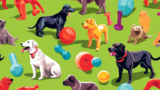 An assortment of colorful and durable Kong dog toys scattered across a grassy backyard, with various breeds of playful dogs engaging with chew toys, treat dispensers, and tug toys on a sunny day.