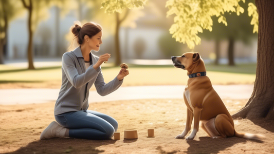 Create an image depicting a serene outdoor setting where a patient dog trainer is working with an anxious dog. The trainer is kneeling and offering positive reinforcement with treats, showing calm bod
