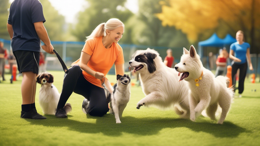 Create an image of a lively scene inside a dog training academy. Show various dogs of different breeds and sizes participating in a range of training exercises with their trainers. Include activities 