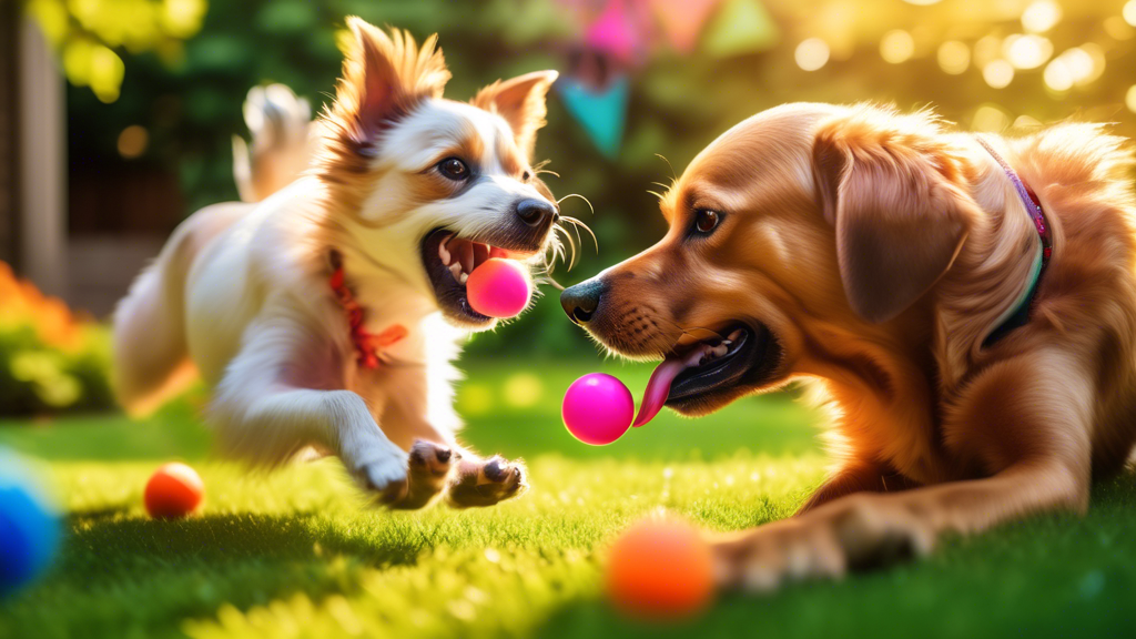 A joyful scene of a playful dog interacting with a colorful snuffle ball, surrounded by a lush green backyard. The dog is sniffing and nudging the ball with its nose, clearly engaged and excited. The 