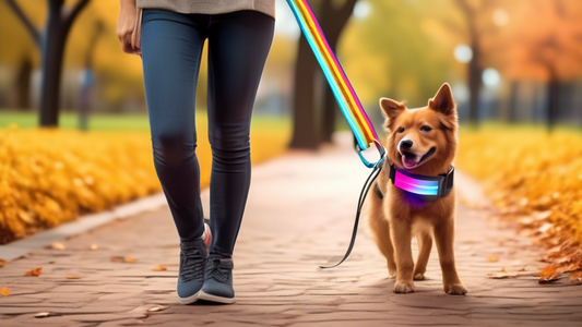 Create an image of a futuristic, stylish dog leash device attached to the belt of a person walking a dog in a colorful park. The leash should be hands-free and retractable, showcasing its ease of use 