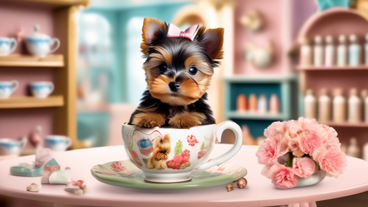 Create an image depicting a cheerful scene with a small teacup Yorkie puppy playfully sitting in an elegant teacup, amidst a well-decorated pet store setting. The background features customers happily