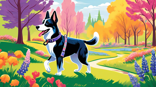 Create an image of a happy, well-groomed dog walking in a beautiful park while wearing a high-quality Lupine dog leash. The leash should be colorful and sturdy, with clear branding visible. The backgr