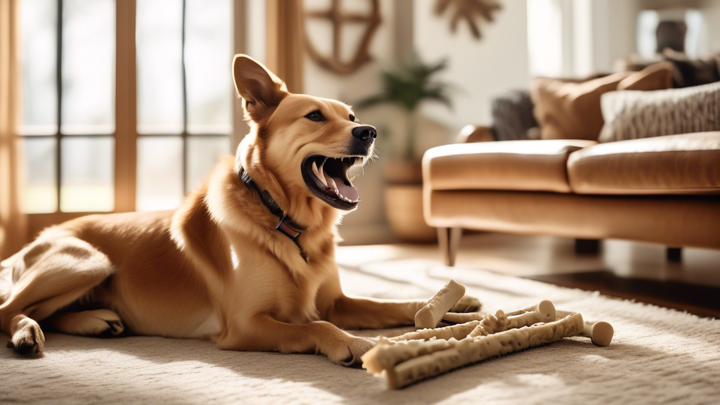 A cheerful dog happily chewing on a variety of safe, vet-approved chew bones in a cozy living room setting. The scene is filled with natural light coming through large windows, showcasing different ty
