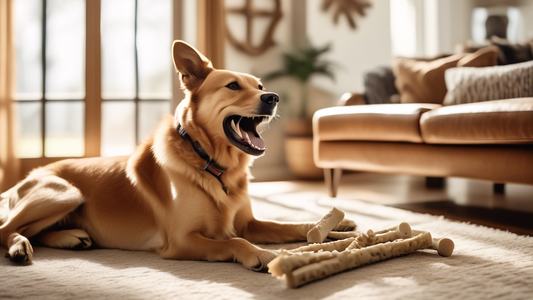 A cheerful dog happily chewing on a variety of safe, vet-approved chew bones in a cozy living room setting. The scene is filled with natural light coming through large windows, showcasing different ty
