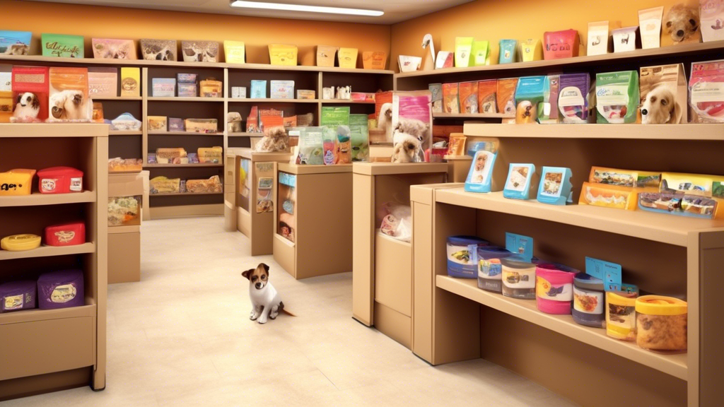 Create an image of a bright and welcoming pet store named 'J & J' with a variety of top-quality dog supplies. The store features neatly organized shelves showcasing premium dog food, stylish collars a