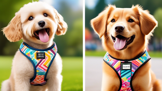 Create an image showing a happy dog wearing a reversible harness in two different stylish patterns. On one side of the dog, display the harness with a vibrant, colorful design. On the other side, show