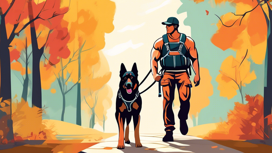 Create an image of a large, muscular dog like a German Shepherd or a Rottweiler wearing a sturdy, high-quality harness with a comfortable handle on the back. The setting is an outdoor park with the do