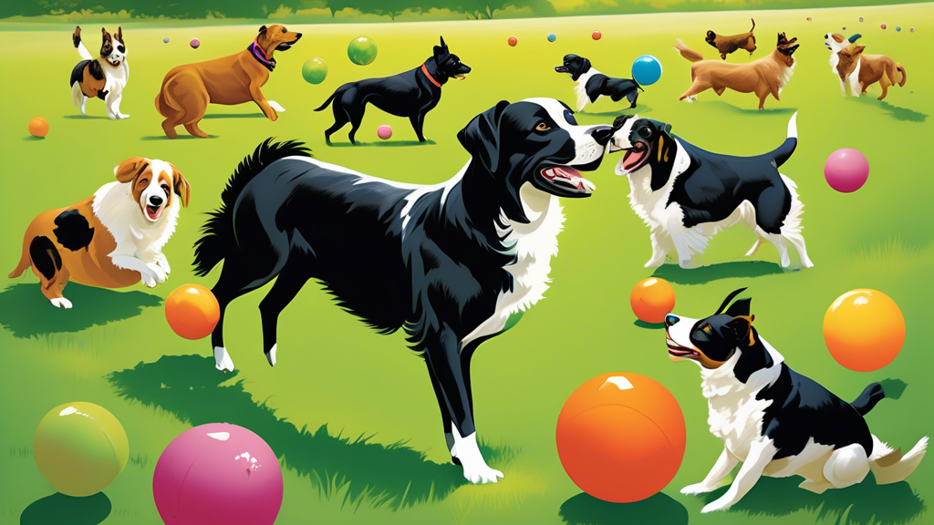 Create an image of a lively outdoor scene featuring various breeds of dogs energetically playing with different types of herding balls in a spacious, green field. Include balls of various sizes and co