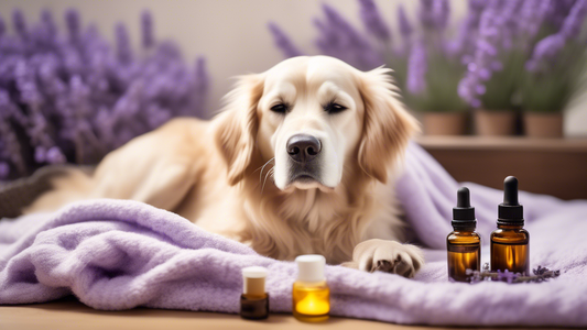 Create an image of a peaceful, happy dog resting comfortably on a cozy bed surrounded by gentle diffusions of aromatic essential oils like lavender and chamomile. Add subtle visual cues such as a diff