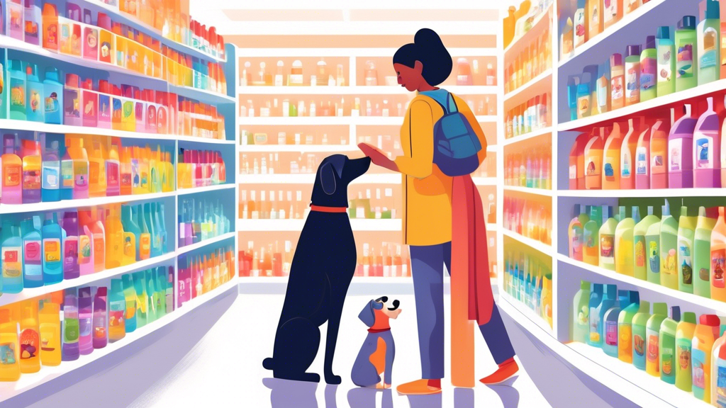 Image prompt: A well-lit Petco store aisle filled with various dog shampoo bottles in colorful packaging neatly arranged on shelves. A friendly store associate is assisting a smiling customer who is h
