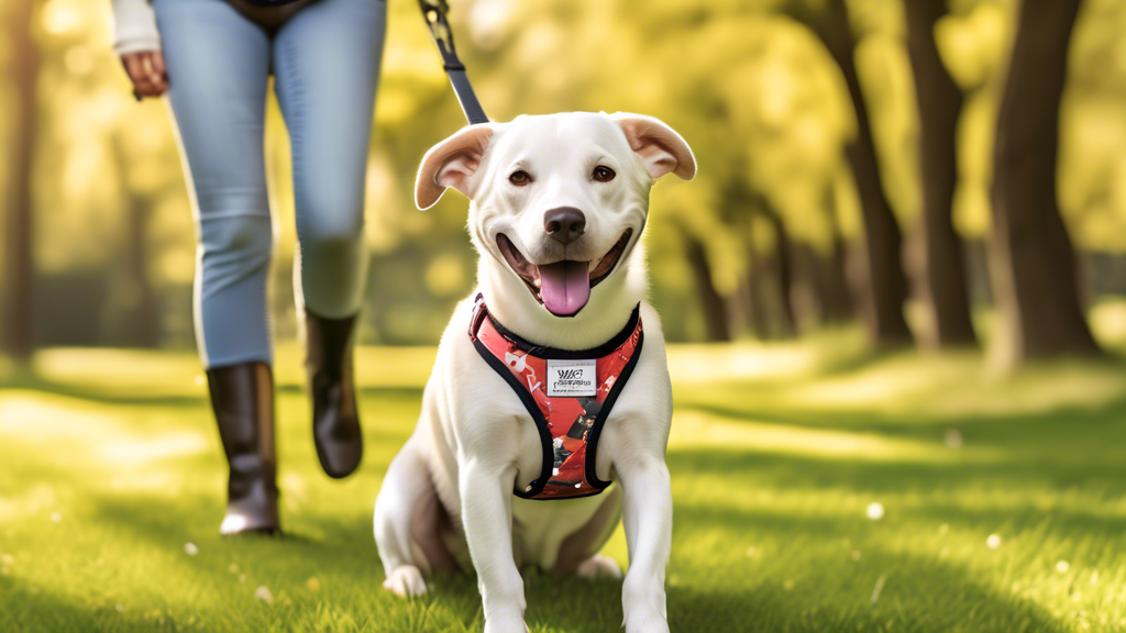 Create an image of a happy dog wearing a 2 Hounds Design Freedom No-Pull Dog Harness. The dog should look comfortable and content, walking alongside its owner in a lush park on a sunny day. Highlight 