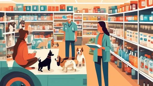 An attentive veterinarian carefully explaining different antibiotic options to a dog owner in the pet care aisle of a Tractor Supply store, surrounded by pet supplies and medicines, with various dog b