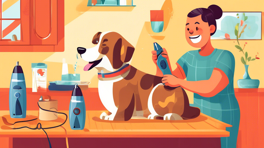 Create an image of a cheerful pet owner using electric dog clippers to groom a happy, well-behaved dog in a cozy home setting. The scene should include a variety of dog clippers on a nearby table, sho