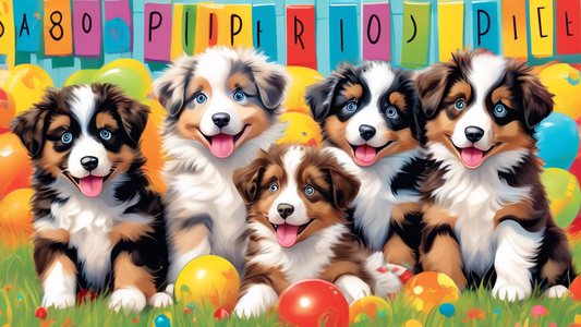 Cheerful Australian Shepherd puppies playing in a colorful backyard, with a sign that reads '$500 Affordable Toy Aussie Puppies for Sale' in a warm, family-friendly setting. The puppies are adorable, 