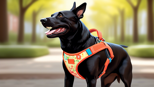 Create a detailed illustration of a happy dog wearing a no-slip harness, set in a bright and cheerful outdoor park. The harness should be snug and secure, showcasing its design and features. Include d