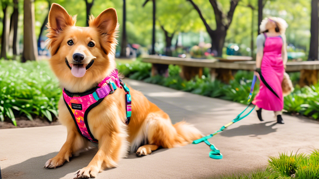 Create an image of a joyful, well-groomed dog wearing a stylish and comfortable Fuzzyard harness in a vibrant park setting. The dog looks happy and energetic, surrounded by a variety of Fuzzyard harne