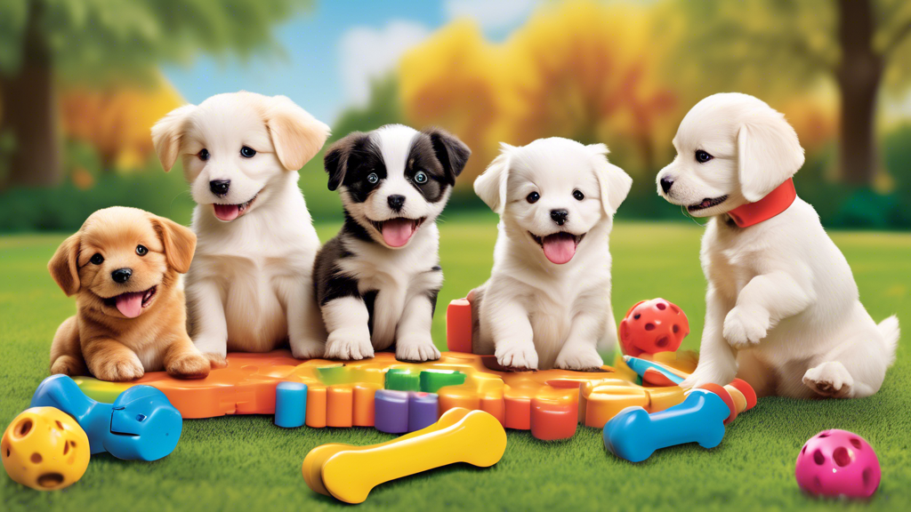Create an image featuring a lively scene of playful puppies in a colorful outdoor park, surrounded by an array of fun and innovative bark toys. The toys should include a variety of shapes and designs,