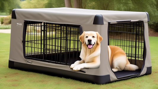 Create an image showing a selection of top portable kennels specifically designed for large dogs. Each kennel should be distinct, showcasing features such as sturdy materials, ventilation windows, eas