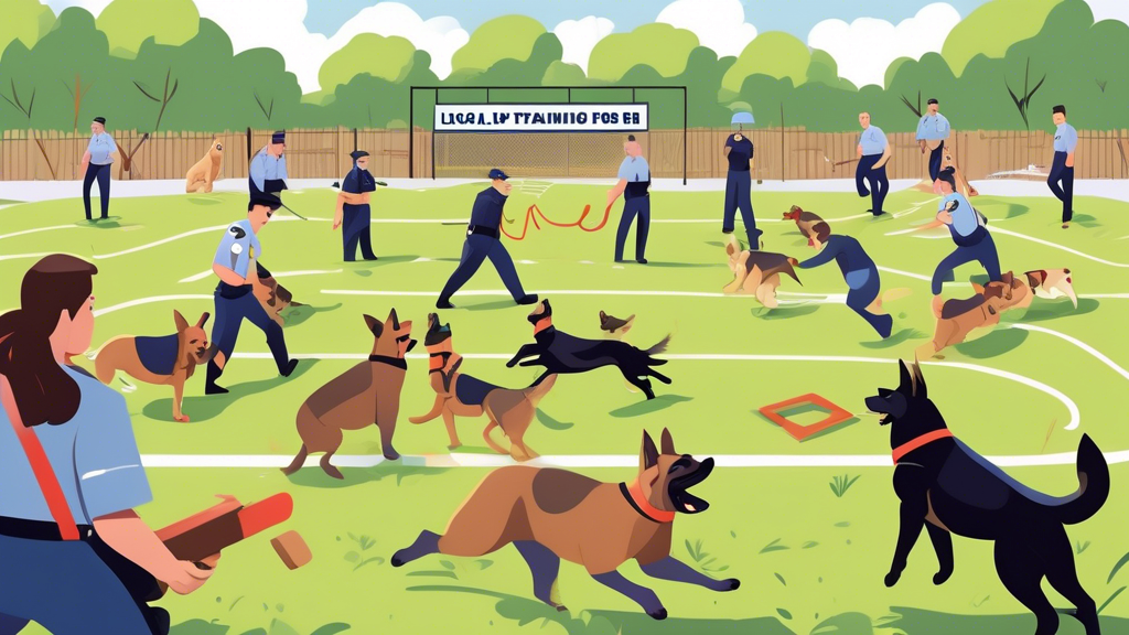 An illustration showing a lively scene at a local police dog training program. The setting is an open field with police officers in uniform working with their highly-trained dogs. The dogs, wearing ha