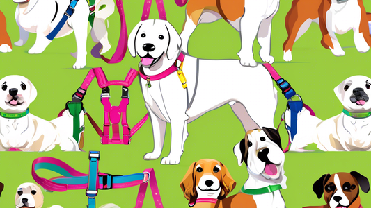Create an image of various dog breeds wearing a range of front lead harnesses in a park setting. Show different features like adjustable straps, padded chest plates, and vibrant colors. Each dog looks